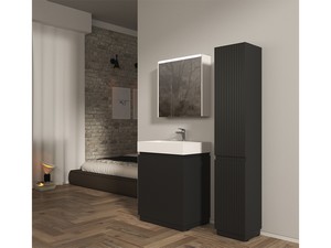 Meuble salle de bains FARO à poser 70 cm cannelé noir mat et lavabo Unitop en résine blanc mat