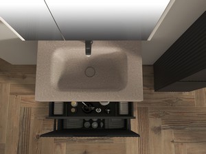 Meuble salle de bains FARO à poser 70 cm cannelé noir mat et lavabo Unitop en HPL quartzite clair