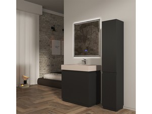 Meuble salle de bains FARO 90 cm à poser cannelé noir mat et lavabo Unitop en HPL quartzite clair