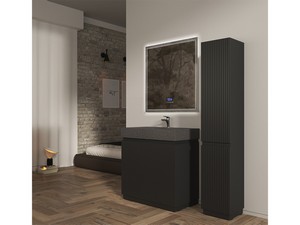Meuble salle de bains FARO 90 cm à poser cannelé noir mat et lavabo Unitop en HPL quartzite foncé
