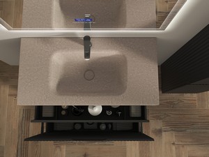 Meuble salle de bains FARO 90 cm à poser cannelé noir mat et lavabo Unitop en HPL quartzite clair