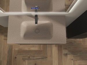 Meuble salle de bains FARO 90 cm à poser cannelé noir mat et lavabo Unitop en HPL quartzite clair
