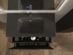 Meuble salle de bains FARO 90 cm à poser cannelé noir mat et lavabo Unitop en HPL quartzite foncé