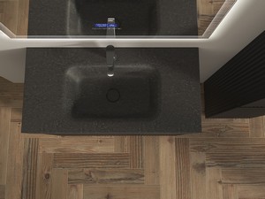 Meuble salle de bains FARO 90 cm à poser cannelé noir mat et lavabo Unitop en HPL quartzite foncé