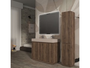 Meuble salle de bains FARO 120 cm à poser cannelé noyer mat et lavabo Unitop en HPL quartzite clair