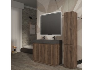 Meuble salle de bains FARO 120 cm à poser cannelé noyer mat et lavabo Unitop en HPL quartzite foncé