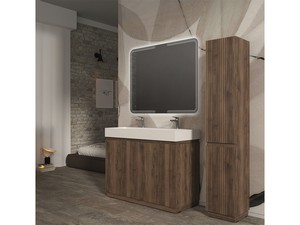 Meuble salle de bains FARO 120 cm à poser cannelé noyer mat et lavabo Unitop en résine blanc mat
