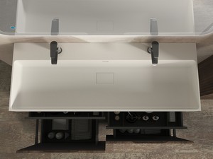 Meuble salle de bains FARO 120 cm à poser cannelé noyer mat et lavabo Unitop en résine blanc mat