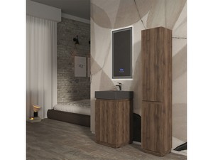 Meuble salle de bains FARO à poser 50 cm cannelé noyer mat et lavabo Unitop en HPL Quartzite foncé