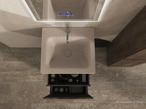 Meuble salle de bains FARO à poser 50 cm cannelé noyer mat et lavabo Unitop en HPL Quartzite clair
