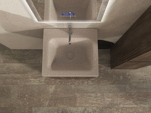 Meuble salle de bains FARO à poser 50 cm cannelé noyer mat et lavabo Unitop en HPL Quartzite clair