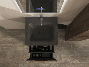 Meuble salle de bains FARO à poser 50 cm cannelé noyer mat et lavabo Unitop en HPL Quartzite foncé