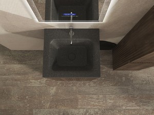 Meuble salle de bains FARO à poser 50 cm cannelé noyer mat et lavabo Unitop en HPL Quartzite foncé