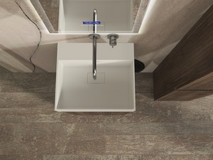 Meuble salle de bains à poser FARO 50 cm cannelé noyer mat et lavabo Unitop en résine TRIBECA blanc mat