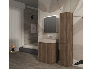 Meuble salle de bains FARO à poser 70 cm cannelé noyer mat et lavabo Unitop en HPL quartzite clair