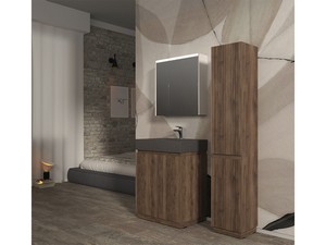 Meuble salle de bains FARO à poser 70 cm cannelé noyer mat et lavabo Unitop en HPL quartzite foncé