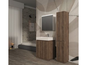 Meuble salle de bains FARO à poser 70 cm cannelé noyer mat et lavabo Unitop en résine blanc mat
