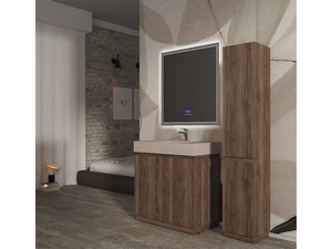 Meuble salle de bains FARO 90 cm à poser cannelé noyer mat et lavabo Unitop en HPL quartzite clair
