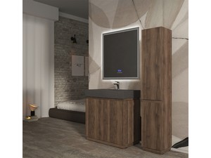 Meuble salle de bains FARO 90 cm à poser cannelé noyer mat et lavabo Unitop en HPL quartzite foncé