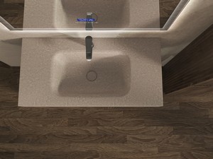 Meuble salle de bains FARO 90 cm à poser cannelé noyer mat et lavabo Unitop en HPL quartzite clair