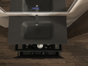 Meuble salle de bains FARO 90 cm à poser cannelé noyer mat et lavabo Unitop en HPL quartzite foncé