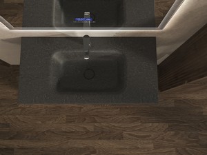 Meuble salle de bains FARO 90 cm à poser cannelé noyer mat et lavabo Unitop en HPL quartzite foncé