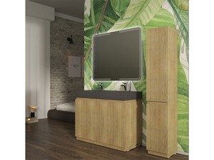 Meuble salle de bains FARO 120 cm à poser cannelé chêne tabac et lavabo Unitop en HPL quartzite foncé