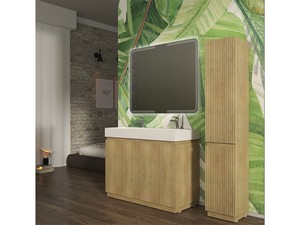 Meuble salle de bains FARO 120 cm à poser cannelé chêne tabac et lavabo Unitop en résine blanc mat