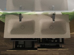 Meuble salle de bains FARO 120 cm à poser cannelé chêne tabac et lavabo Unitop en HPL quartzite clair