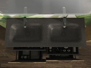 Meuble salle de bains FARO 120 cm à poser cannelé chêne tabac et lavabo Unitop en HPL quartzite foncé