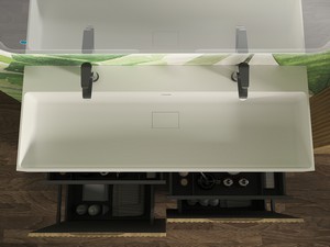 Meuble salle de bains FARO 120 cm à poser cannelé chêne tabac et lavabo Unitop en résine blanc mat