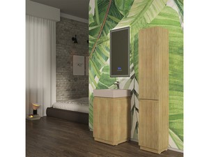 Meuble salle de bains à poser FARO 50 cm cannelé chêne tabac et lavabo Unitop en HPL quartzite claire