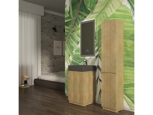 Meuble salle de bains FARO à poser 50 cm cannelé chêne tabac et lavabo Unitop en HPL Quartzite foncé