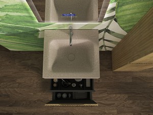 Meuble salle de bains à poser FARO 50 cm cannelé chêne tabac et lavabo Unitop en HPL quartzite claire