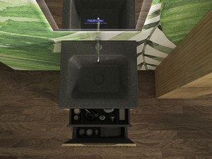 Meuble salle de bains FARO à poser 50 cm cannelé chêne tabac et lavabo Unitop en HPL Quartzite foncé