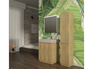 Meuble salle de bains FARO à poser 70 cm cannelé chêne tabac et lavabo Unitop en HPL quartzite clair