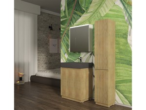 Meuble salle de bains FARO à poser 70 cm cannelé chêne tabac et lavabo Unitop en HPL quartzite foncé