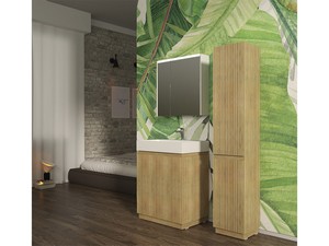 Meuble salle de bains FARO à poser 70 cm cannelé chêne tabac et lavabo Unitop en résine blanc mat