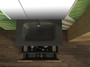 Meuble salle de bains FARO à poser 70 cm cannelé chêne tabac et lavabo Unitop en HPL quartzite foncé