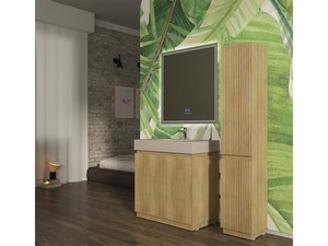 Meuble salle de bains FARO 90 cm à poser cannelé chêne tabac et lavabo Unitop en HPL quartzite clair