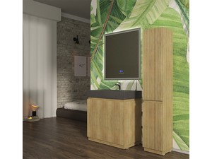 Meuble salle de bains FARO 90 cm à poser cannelé chêne tabac et lavabo Unitop en HPL quartzite foncé