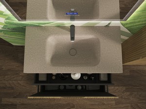 Meuble salle de bains FARO 90 cm à poser cannelé chêne tabac et lavabo Unitop en HPL quartzite clair