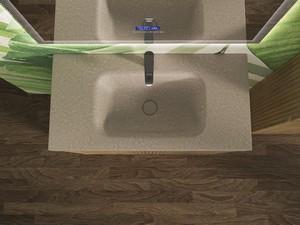 Meuble salle de bains FARO 90 cm à poser cannelé chêne tabac et lavabo Unitop en HPL quartzite clair