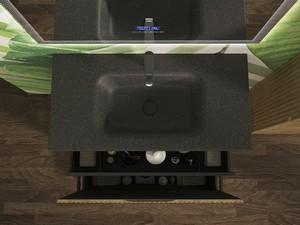 Meuble salle de bains FARO 90 cm à poser cannelé chêne tabac et lavabo Unitop en HPL quartzite foncé