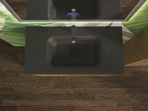 Meuble salle de bains FARO 90 cm à poser cannelé chêne tabac et lavabo Unitop en HPL quartzite foncé