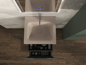 Meuble salle de bains FARO à poser 50 cm cannelé vert mat et lavabo Unitop en HPL Quartzite clair