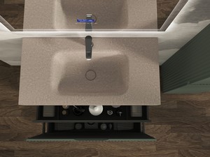 Meuble salle de bains FARO 90 cm à poser cannelé vert mat et lavabo Unitop en HPL quartzite clair