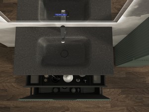 Meuble salle de bains FARO 90 cm à poser cannelé vert mat et lavabo Unitop en HPL quartzite foncé