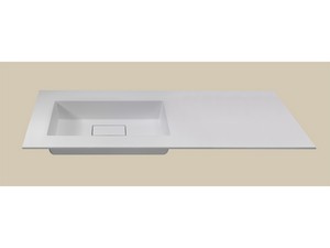 Badezimmermöbel LUMI L140 cm mit 2 Schubladen Nussbaum/mattblau mit Waschbecken Unitop HIDE links aus mattweißem Harz