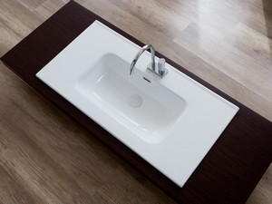 Meuble de salle de bains Smile 90 cm à poser avec 2 tiroirs mélèze gris avec lavabo intégré en céramique
